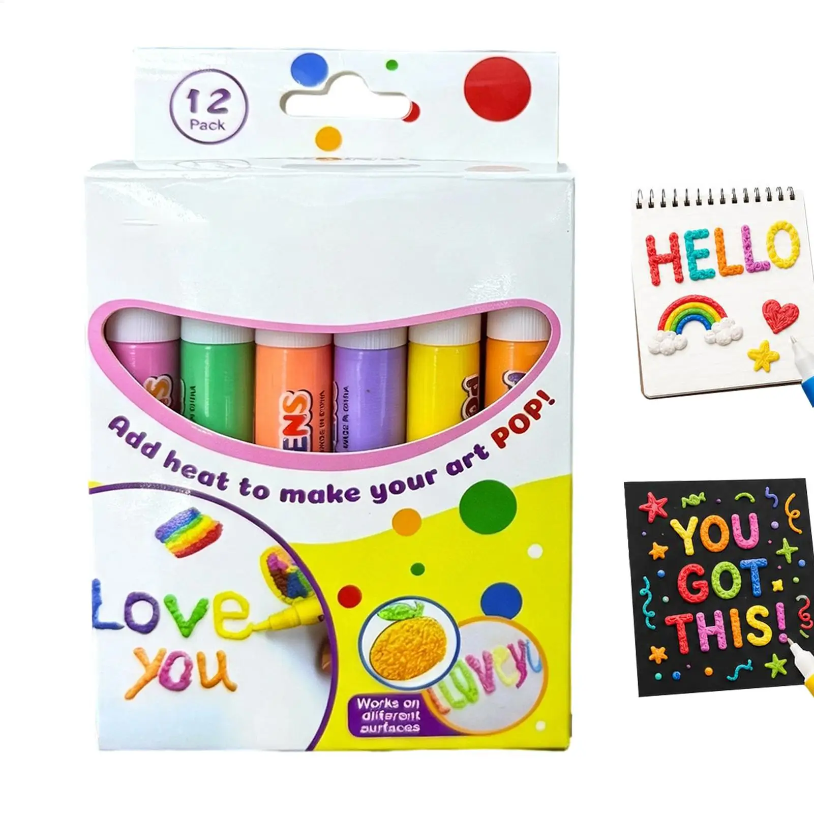 Puff Paint Markers for Fabric 12-Colors Water-Based Coloring Crafts Toys Fun Pens for Kids for School Classroom Travel Easter