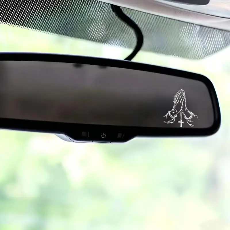 [C] Waterproof Praying Hands Cross Car Sticker Self‑Adhesive Decal For Rearview Mirror Auto Interior Ornament