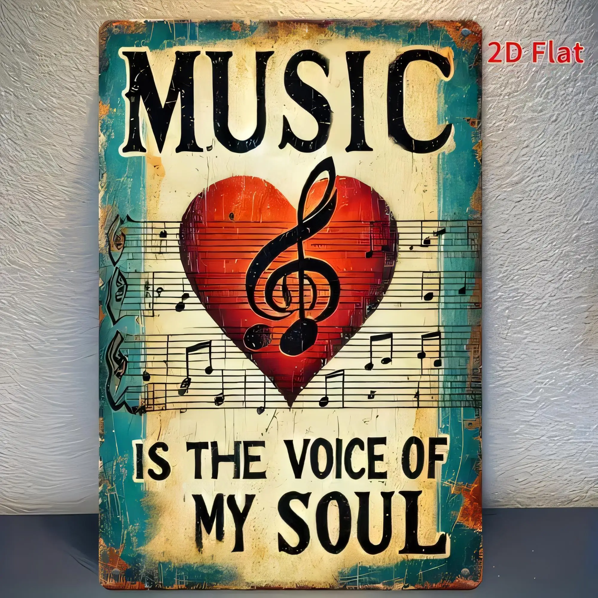 Tin Sign Music Is The Voice Of My Soul Vintage Retro Guitar Note Heart Lyric Wall Decor 2D Flat Metal Plaque for Bar Pub Cafe Ma