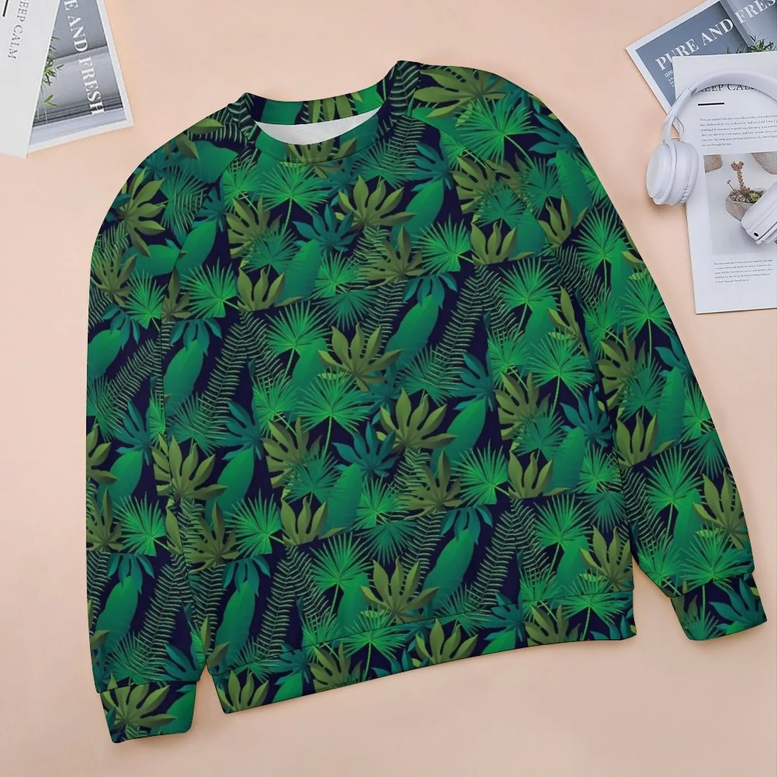 Tropical Print Casual Hoodies Green Leaves Pretty Hoodie Winter Long-Sleeve Hip Hop Oversize Sweatshirts Birthday Present