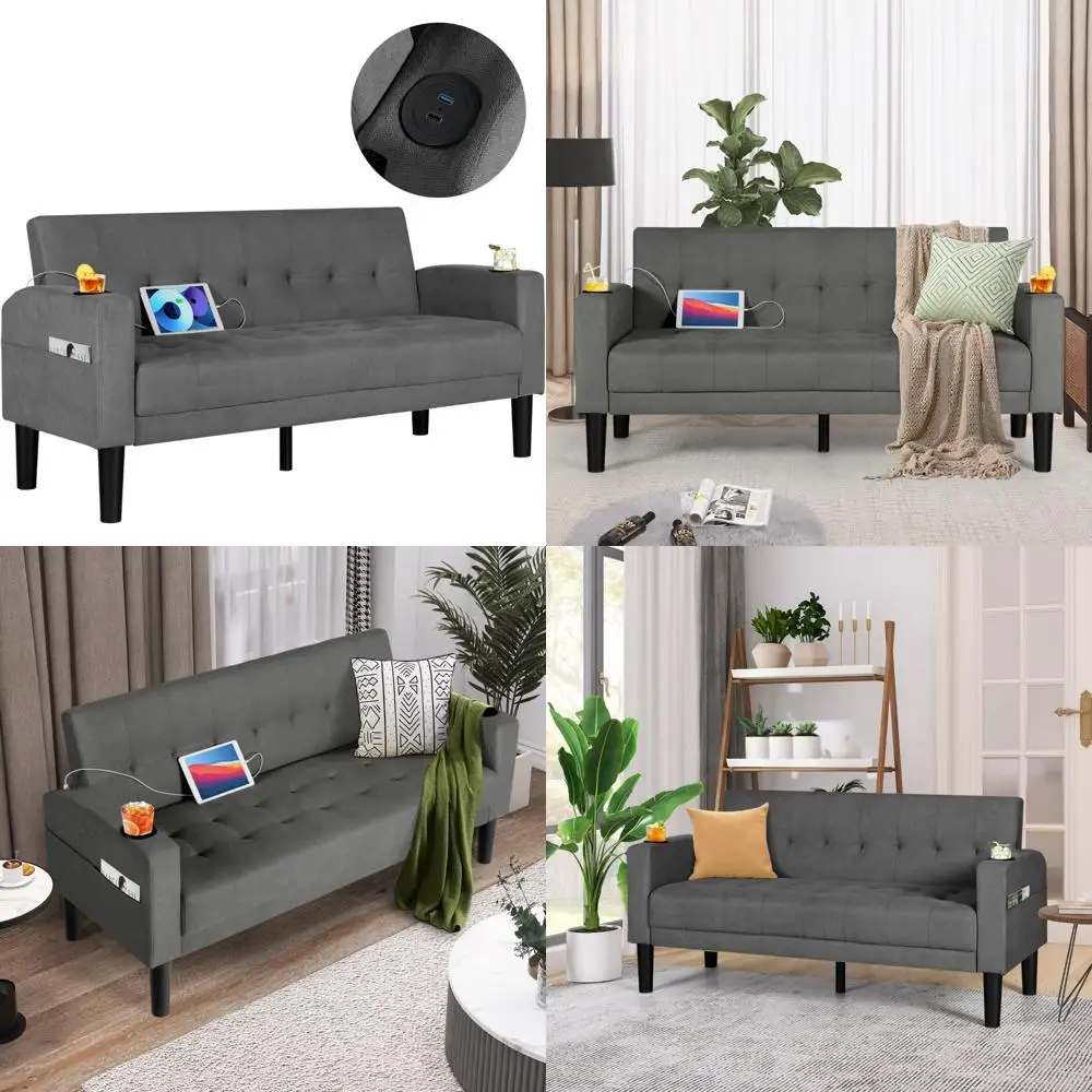 Modern Tufted Linen Fabric Loveseat Couch with USB Ports, Cup Holders, Side Pockets, and Contemporary Style