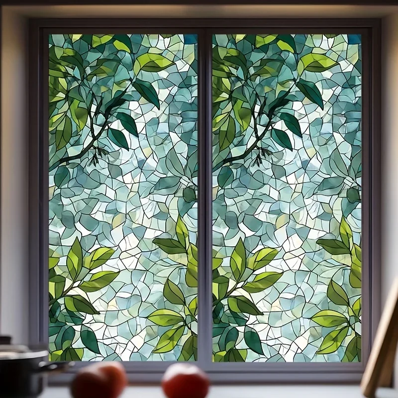 1 Pcs Green Leaf Stained Glass Static Cling Window Film - Frosted Electrostatic Film - Home Bathroom Decorative Privacy Sticker