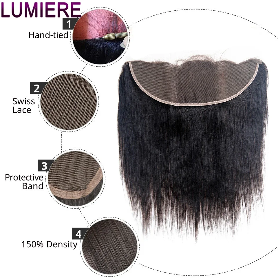 Mechones de cabello humano liso de hueso con cierre Frontal de encaje HD de 13x4, extensiones de cabello brasileño, 3/4 mechones