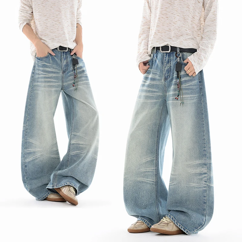 Vintage Baggy Men's Jeans Wide Leg Denim Pants Retro Distressed Curved Fit Streetwear Trousers for Men Casual Loose Long Pants