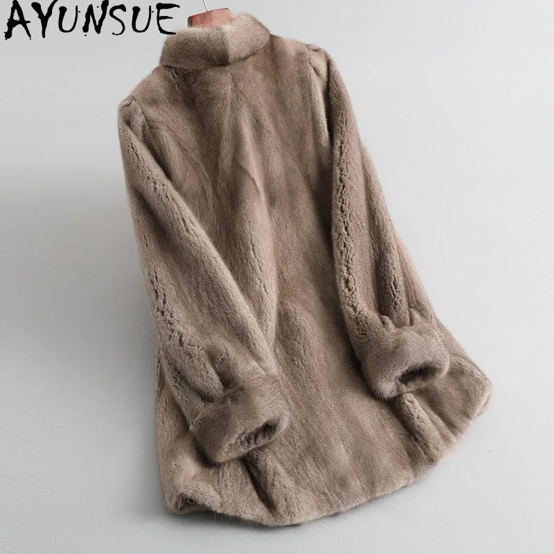 معطف فرو المنك الطبيعي من AYUNSUE للنساء بياقة واقفة معطف فرو المنك الكامل الفاخر ملابس نسائية جودة عالية 2025 شوبانا Жénska