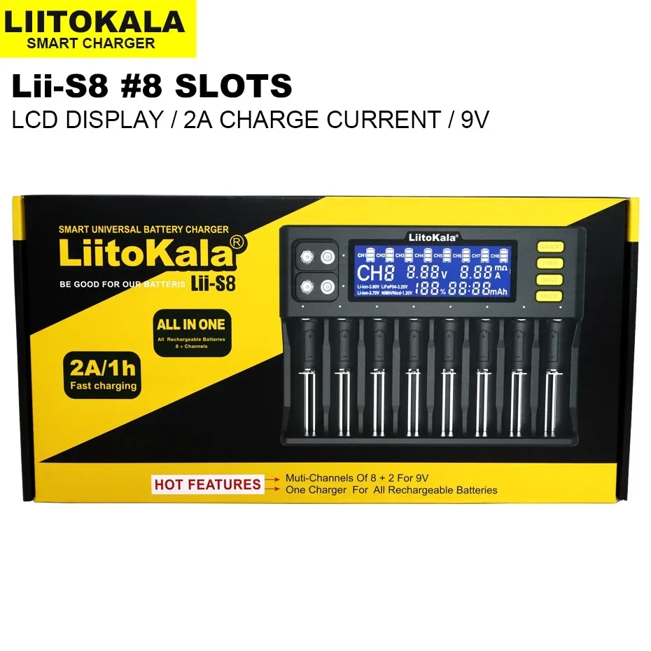 LiitoKala Lii-S12 Lii-S8 배터리 충전기, 9V 18650 20700 26650 21700 14500 10440 16340 1.2V 3.7V 4.2V 사자 배터리