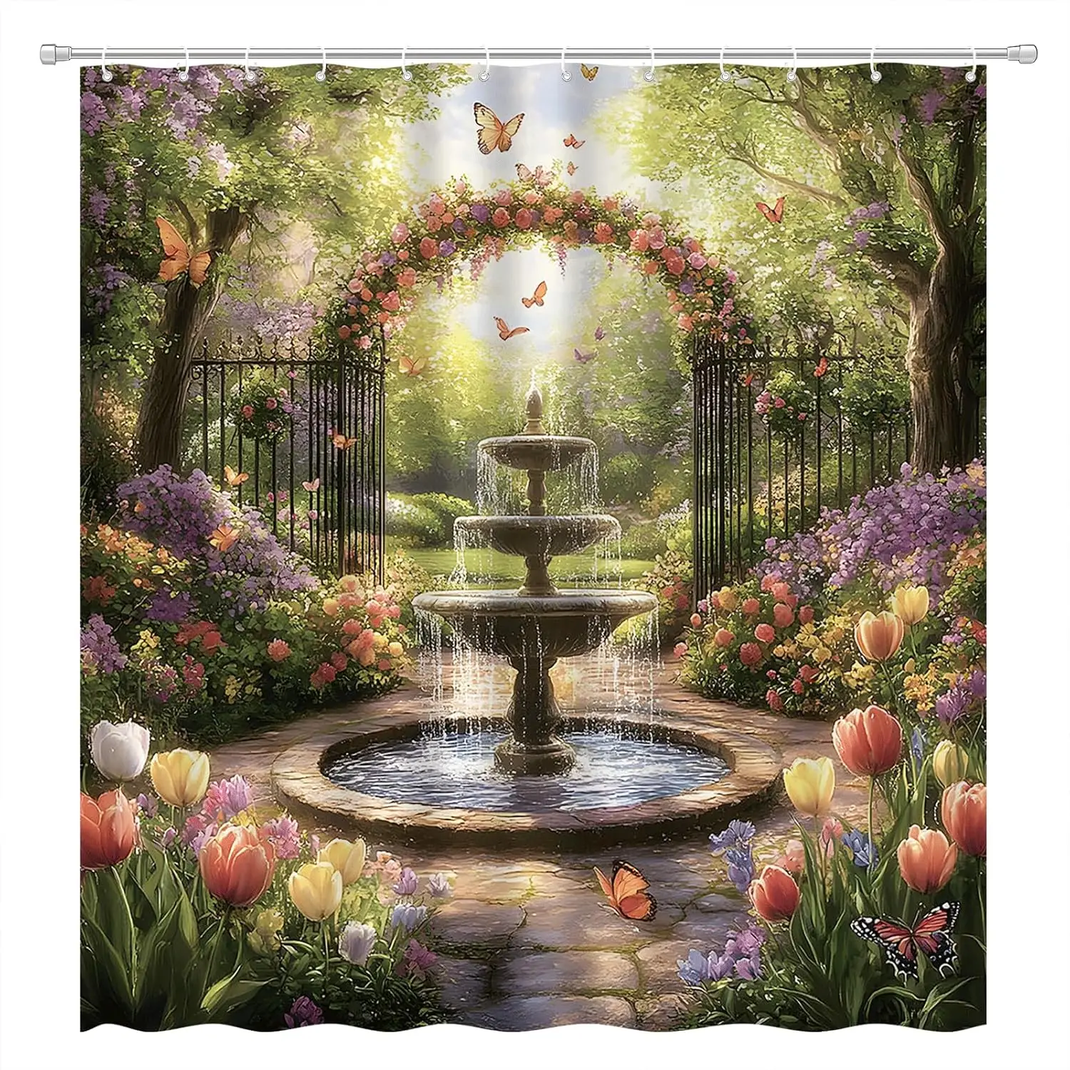 Fantasy Garden Shower Curtain Rustic Tulip Flower Butterfly Forest Nature Landscape Country Farmhouse Floral Plant Watercolor