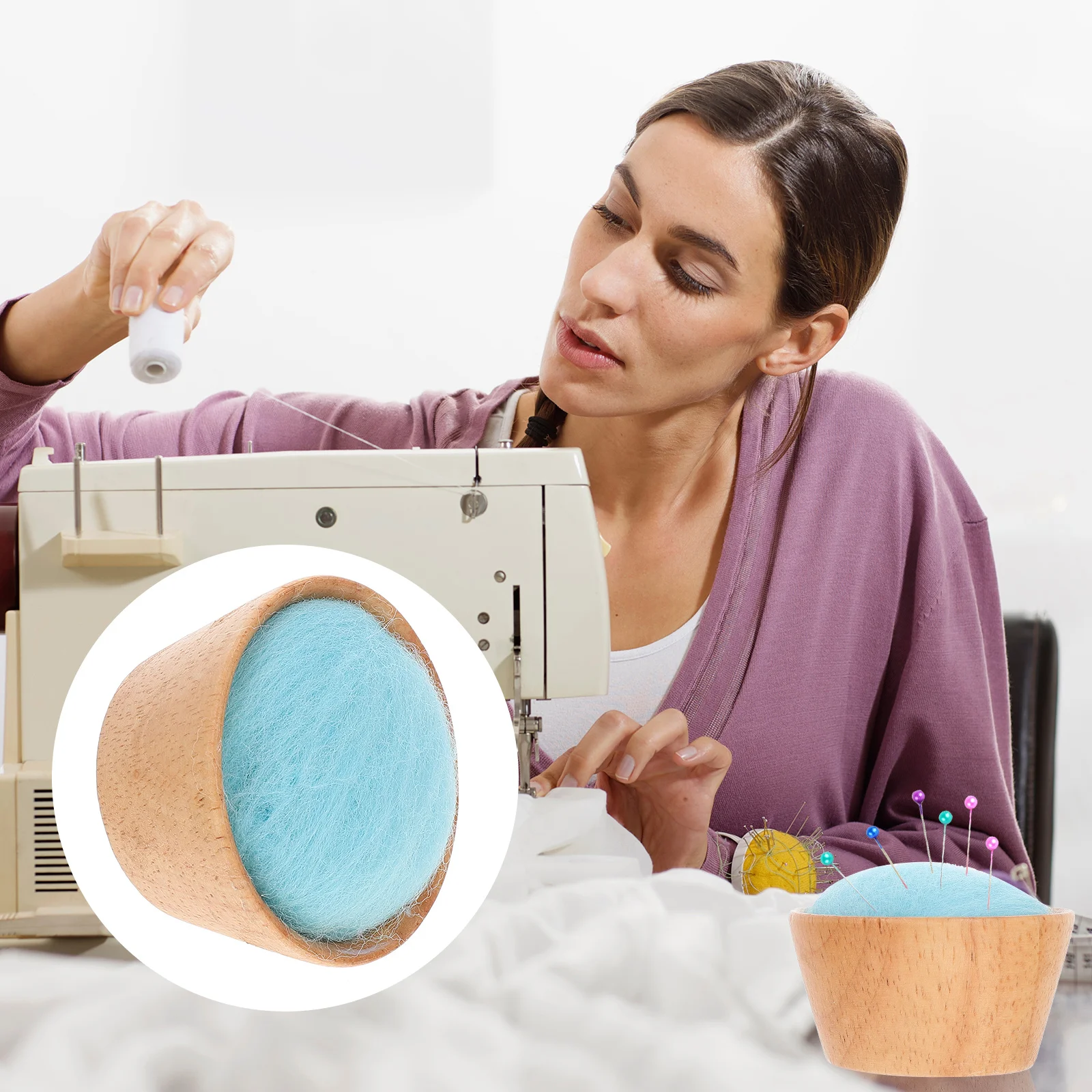 

1pc Semi-Circular Needle Case Wool Ball Pincushion Wooden Base Portable Sewing Needle Holder Storage Quilting Crafters