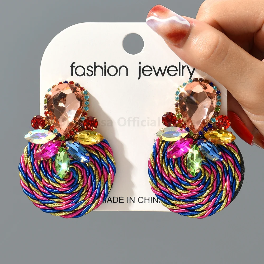 New Ethnic Style Cotton Woven Design Round Large Hanging Earrings Retro Luxury Women's High-Quality Charm Crystal Accessories