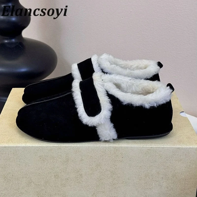 Snow Boots Autumn Winter Plush Lining Keep Warm Flat Bottom Short Boots Women's Cow Suede Mixed Colors Retro Ankle Botas
