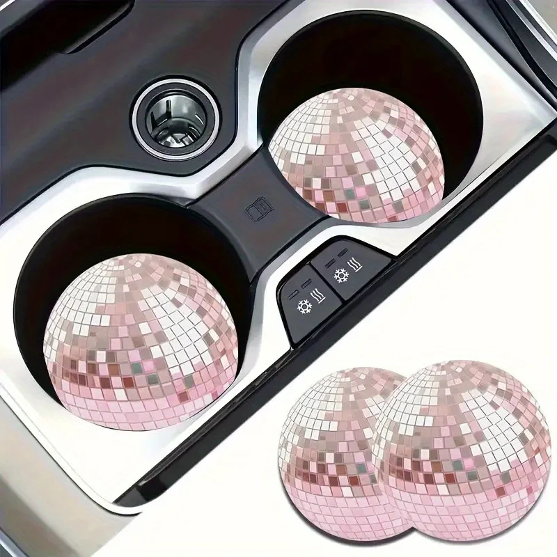 Set Of 2 Pink Disco Ball Coasters With A Simulated Design, Perfect For Car Cup Holders. An Original And Imaginative Present For