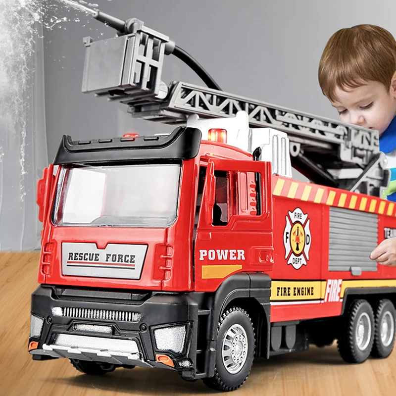 1:50 wóz strażacki odlew ze stopu symulacja zraszacz zabawka z lekką muzyką woda Spray Rescue Car zabawka dla dzieci strażak Truck