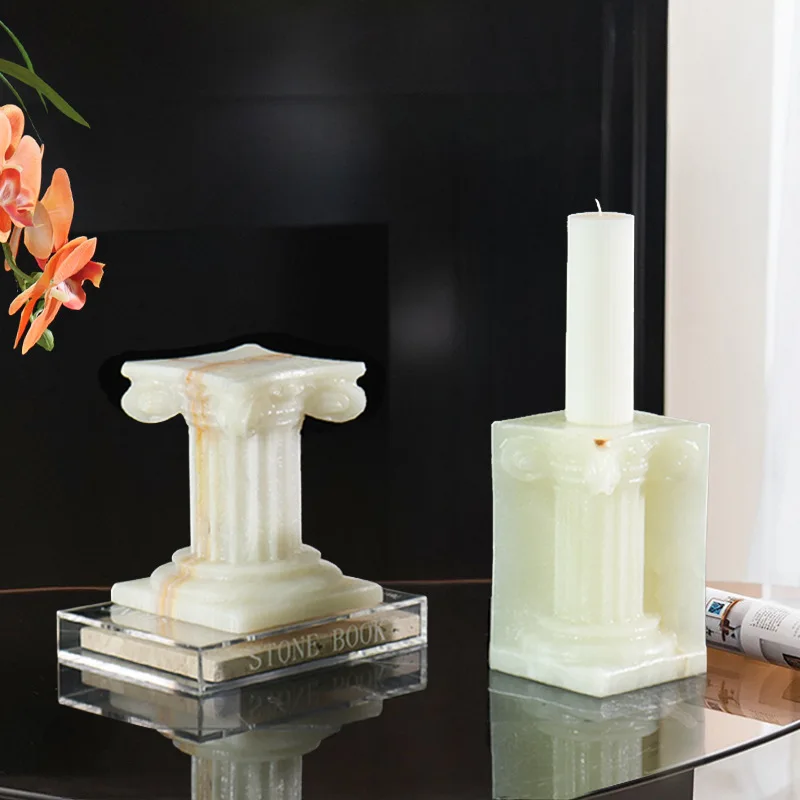 Natural jade Roman pillar candle holder ornament, candle aromatherapy pedestal French style