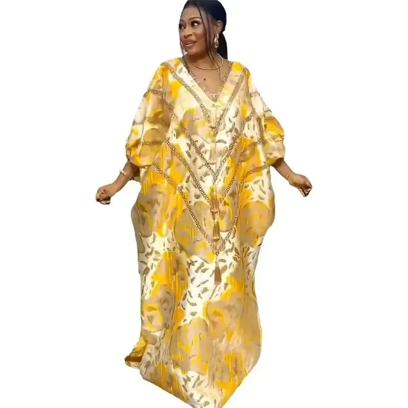 

African Clothes For Women 2025 Spring Summer Africa Clothing Plus Size V Neck 3/4 Sleeve Maxi Dress Print Turkey Robe Africain