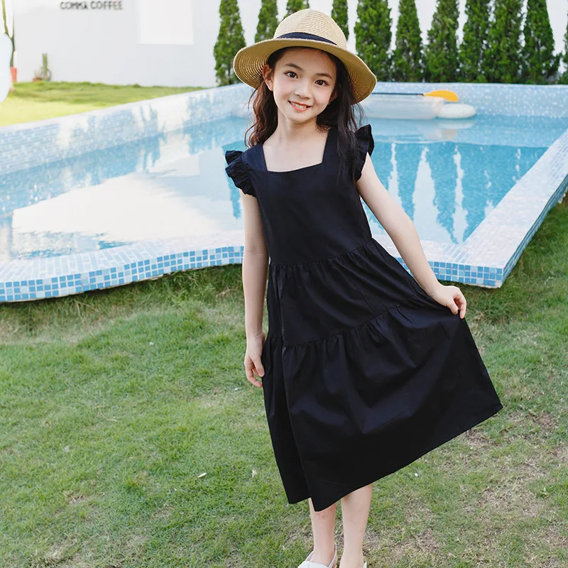 New Summer Cotton Dress for Big Girls with Small Flutter Sleeves, Square Neck Long Dress, Sweet and Cute Sleeveless Dress