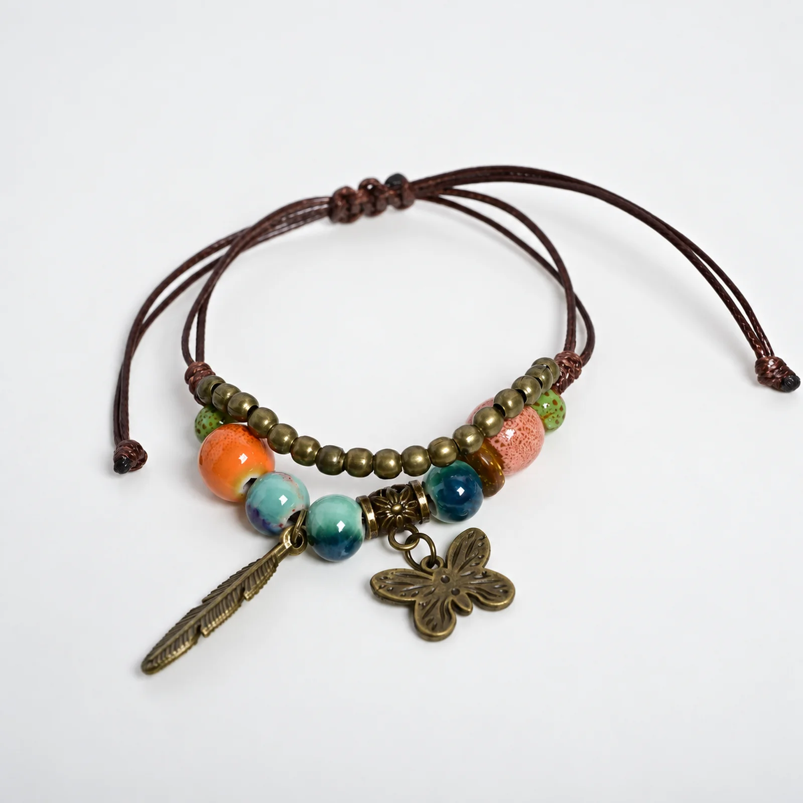 Handmade Ceramic Bracelet with Waxed Cord Handwoven Alloy Feather and Butterfly Charms Wooden Beads Metal Hardware 609P5-14
