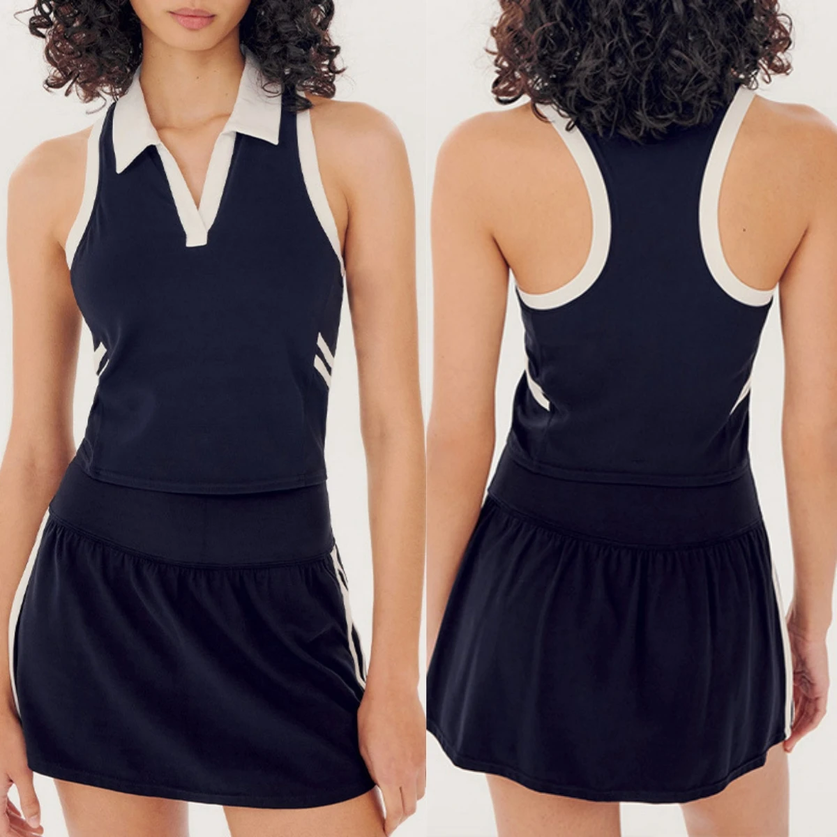 Women 2 Piece Tennis Outfit Polo Collar Racerback Tank Crop Top Striped Skort Built-in Shorts Quick Dry Golf Workout Skirt Set