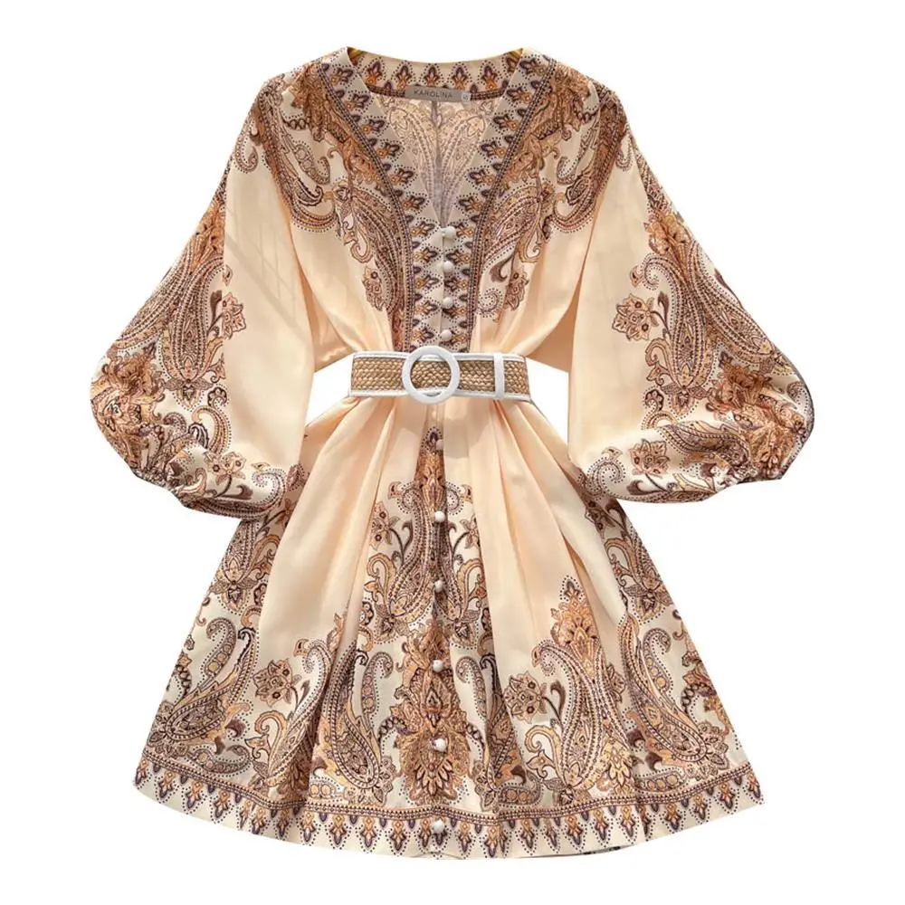 여성 미니 드레스 봄 여름 레트로 v 넥 랜턴 슬리브 프린트 Boho Party Club