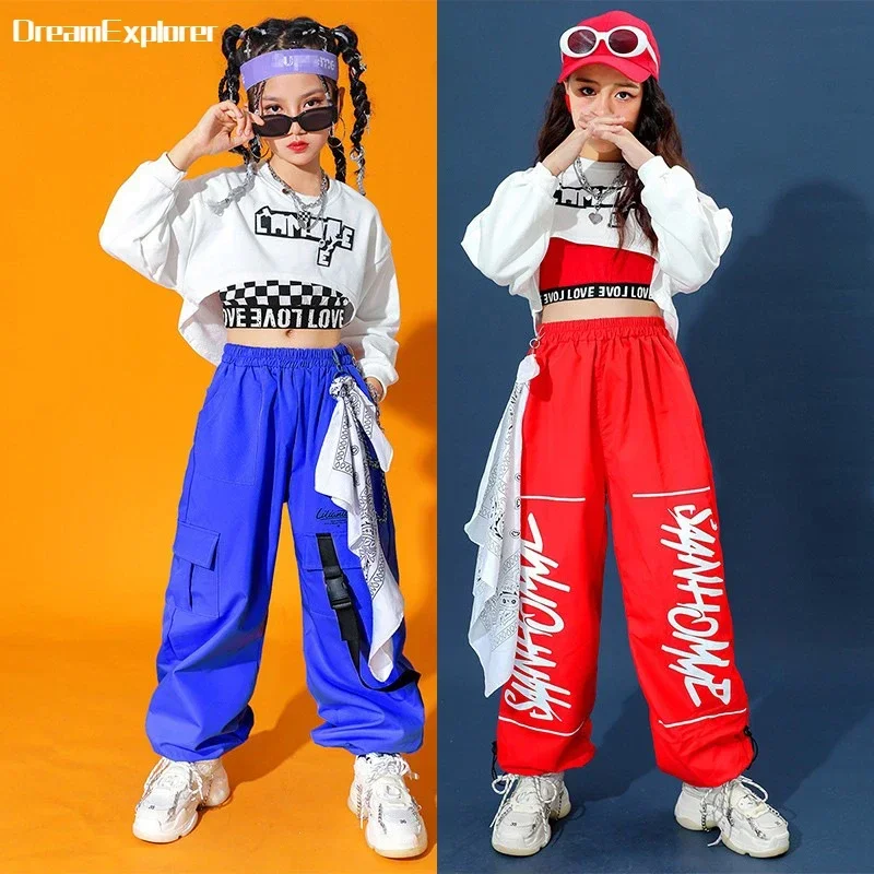 

Girls Hip Hop Crop Top Solid Cargo Pants Child Sweatshirt Joggers Clothes Sets Kids Streetwear Jazz Street Dance Stage Costumes