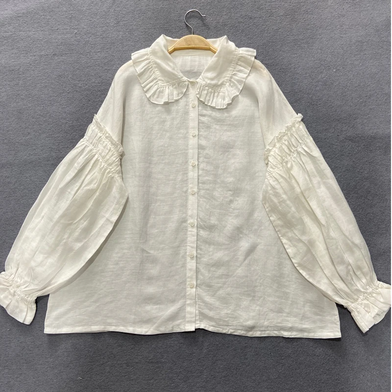 Johnature Linen Women Shirts 2024 Spring Autumn New Thin Vintage Turn-down Collar Ruffles Loose Female Female Blouses