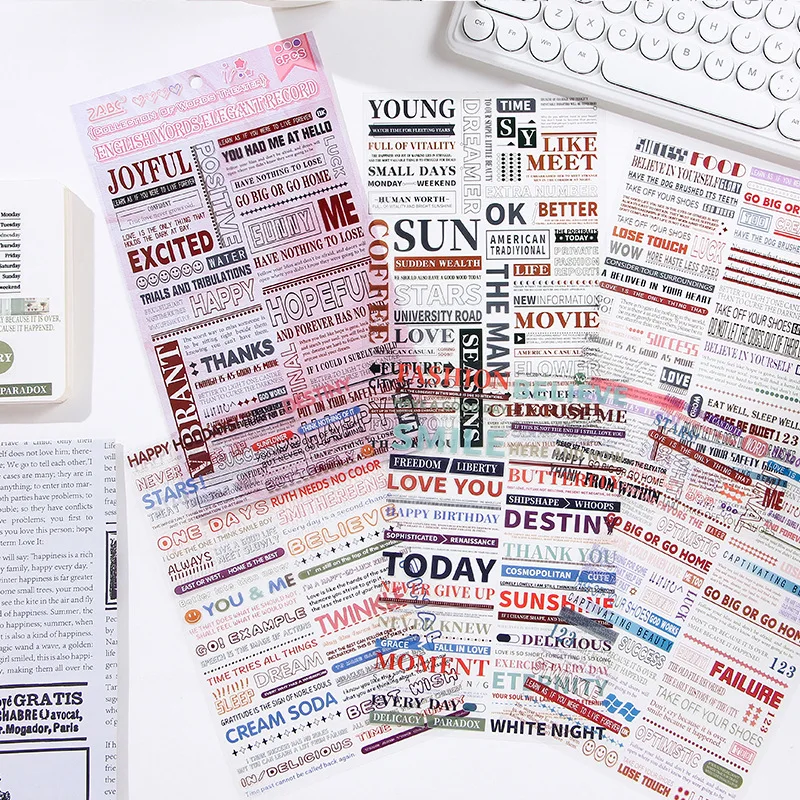 6 unids/pack corta recortes de periódico inglés pegatinas de mascotas adhesivo creativo Diy álbum de recortes diario basura suministros