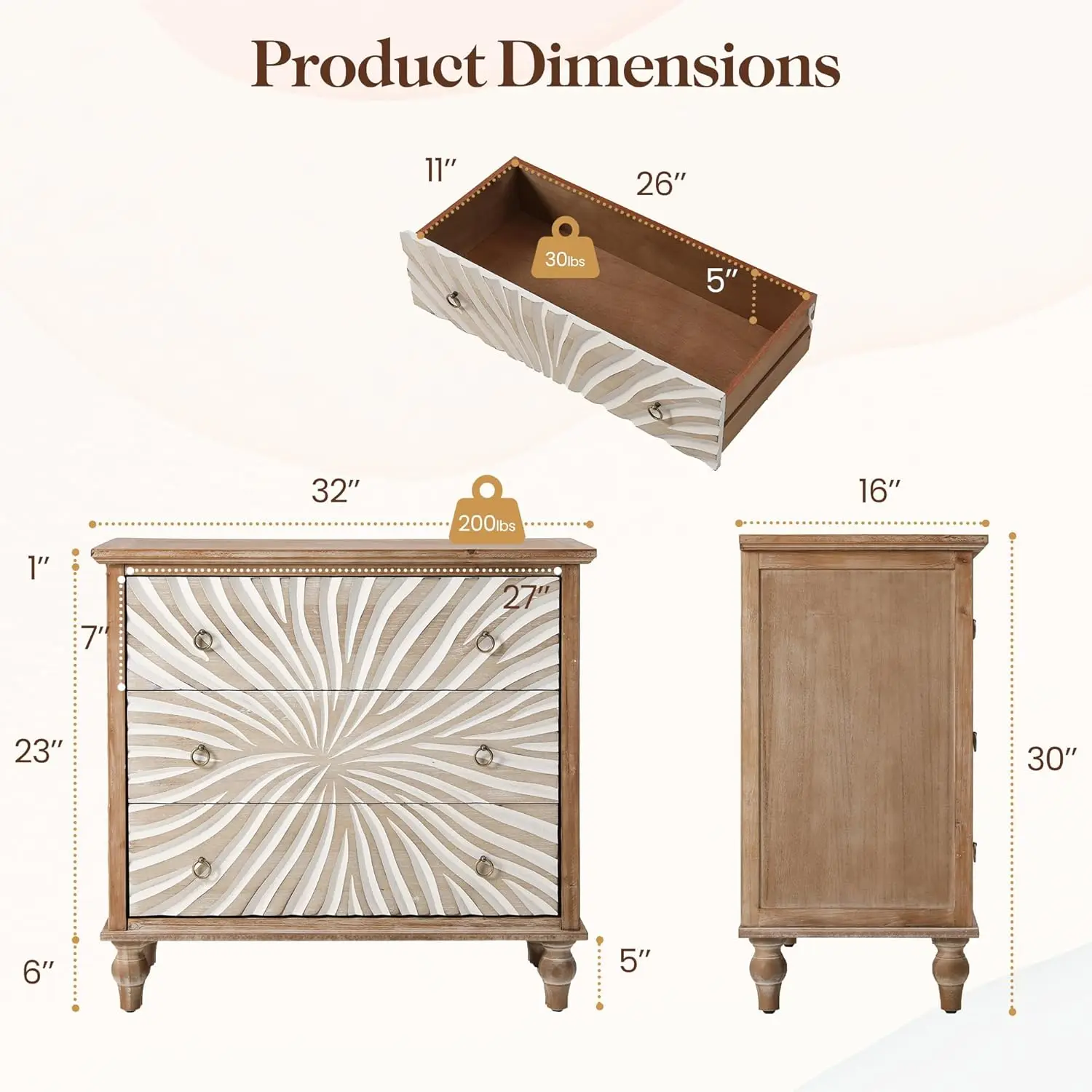 Royalcraft 3 Drawer Dresser with Pattern Carved Drawers, Vintage 3 Chest of Drawers for Bedroom, Wide Nightstand with Gourd Legs