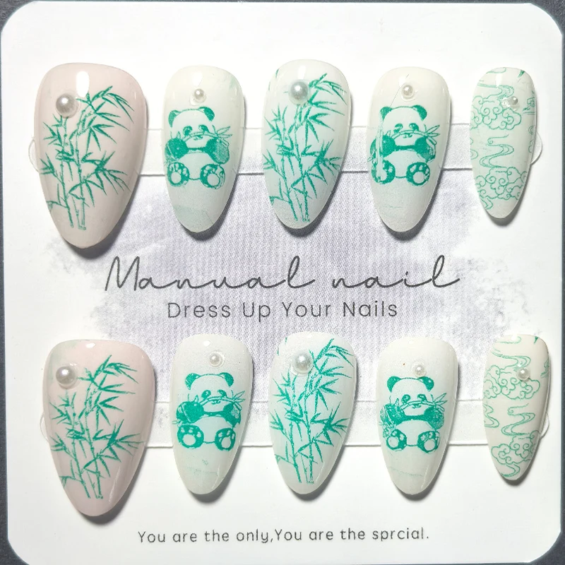 10pcs Almond Handmade Press on Nails Magenta Vine and Emerald Green Bamboo Panda Print Acrylic False Nails Glossy Gel Manicure