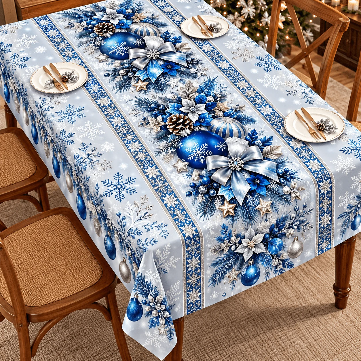 1 square tablecloth, blue and silver Christmas snowball bow print polyester tablecloth