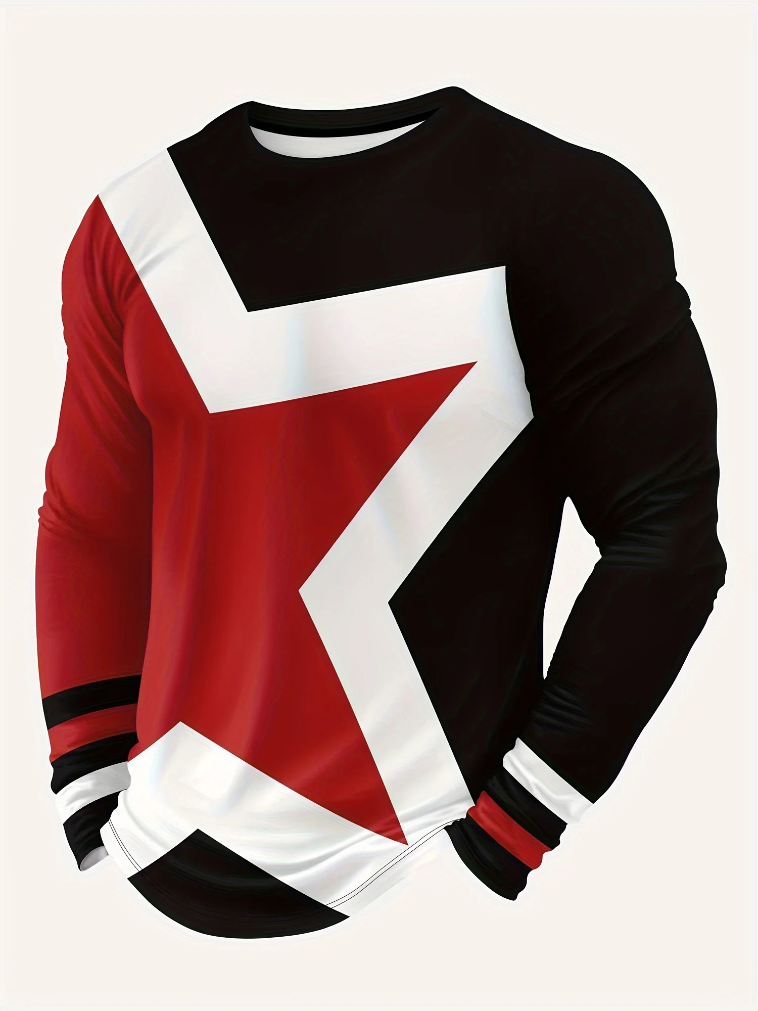 

Men's Sports Fashion, Color Block Star And Stripe Pattern Crew Neck And Long Sleeve T-shirt, Spring And Autumn Leisure Tops