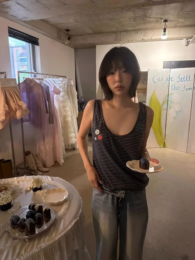 

Fletta 25 Summer Casual Versatile Svel U-Ne Color Blo Striped Pure Cotton Vest Top Women's Faion Lightweight