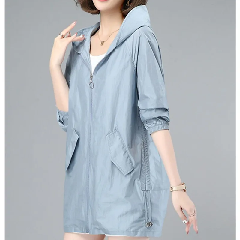 2023 Summer Women Thin Jacket New Sun UV-proof Hooded Coat Outdoor Long Sleeve Female Windbreaker Casual Outwear Top