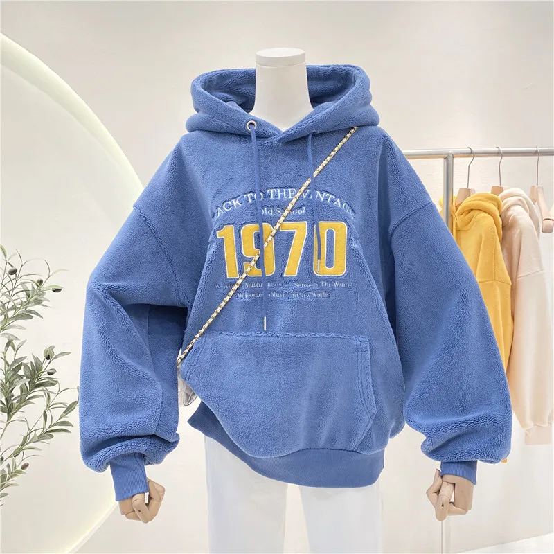 

Korean New Velvet Soft Hooded Sweatshirts for Women Autumn Letter Embroidery Loose Pullovers Girls Casual All-Match Hoodies