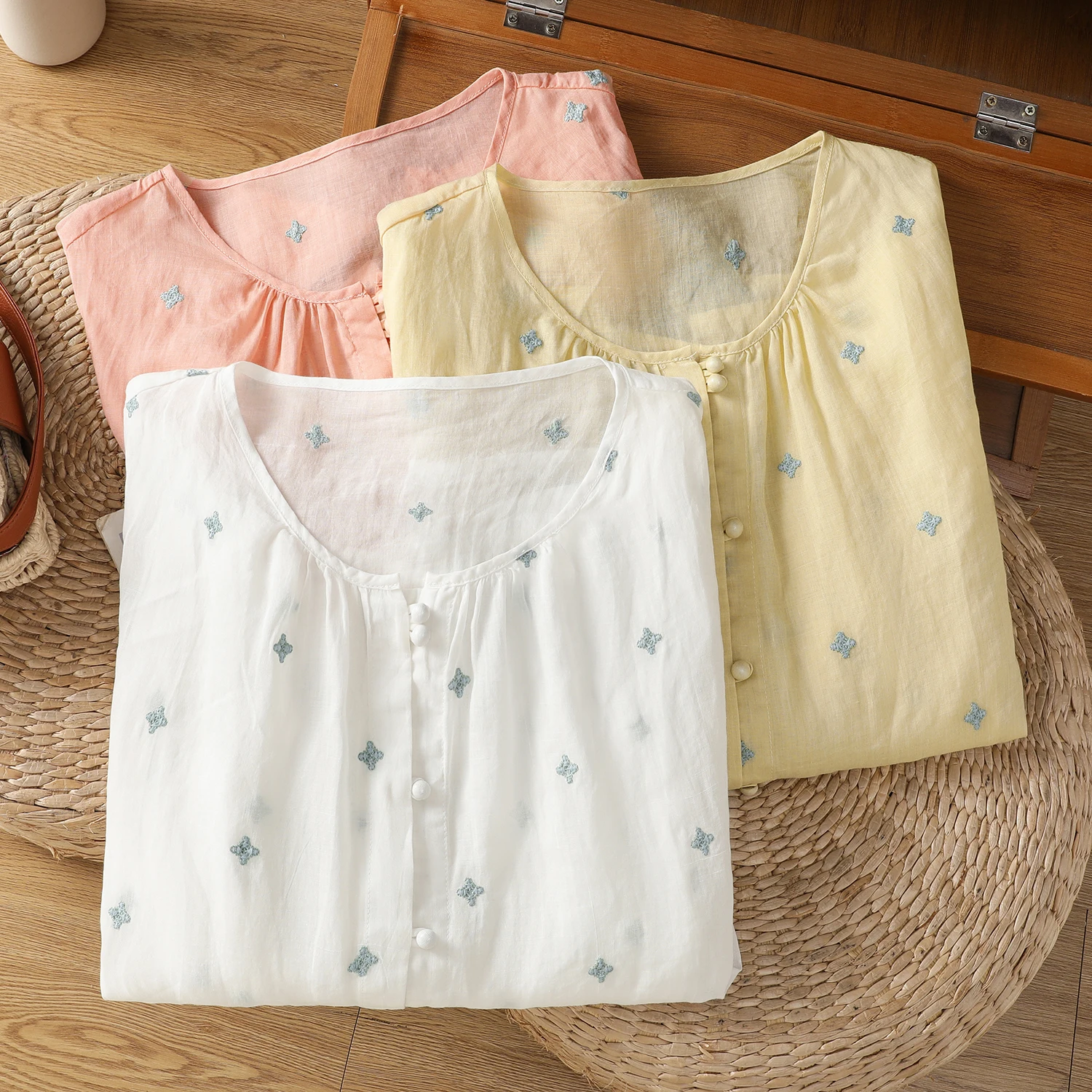 여름 신상 면 린넨 반팔 프린트 셔츠 여성 라운드 넥 오픈 가디건 얇은 다용도 티셔츠 스트레이트 컷 타입