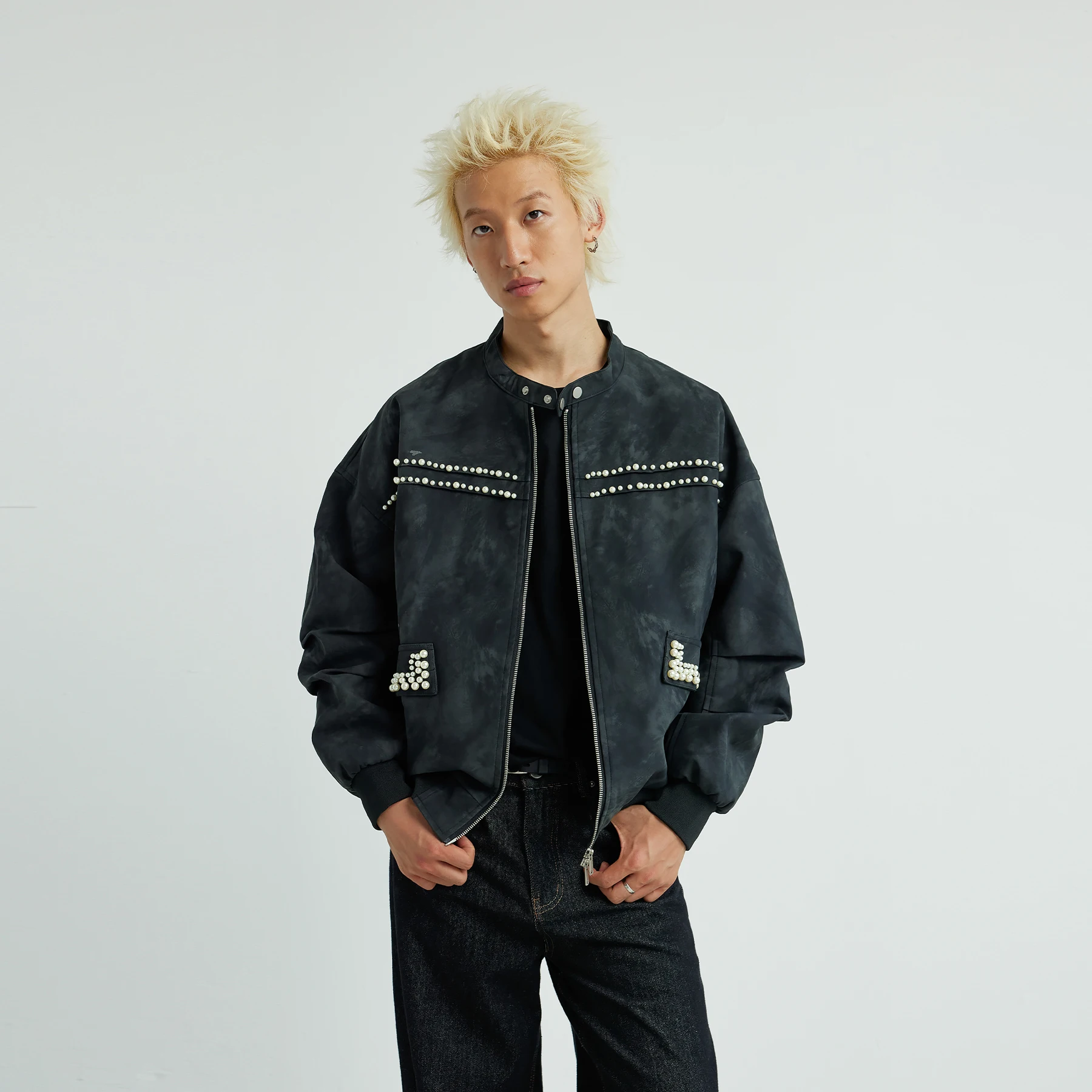 Men Women 2025 Autumn New Irregular Gradient High Street Jackets American Style Retro Pearl Short Collar Coats Loose Chic Jacket