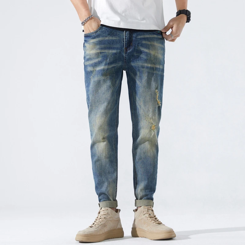 

Nice Spring Ripped Jeans Men Retro Blue Stretch Slim Fit Wash Distressed Streetwear High Street Men's Trousers Hip Hop Jeans Man