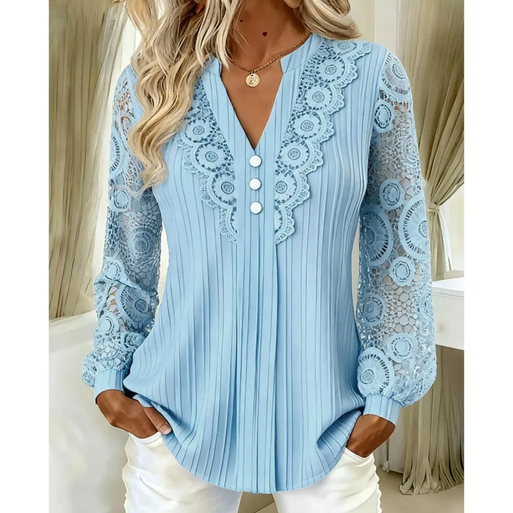 Autumn New Fashion Lace Splicing Long Sleeve Women's T-shirt Casual Loose Retro Simple Elegant Female Versatile Office Shirt2026