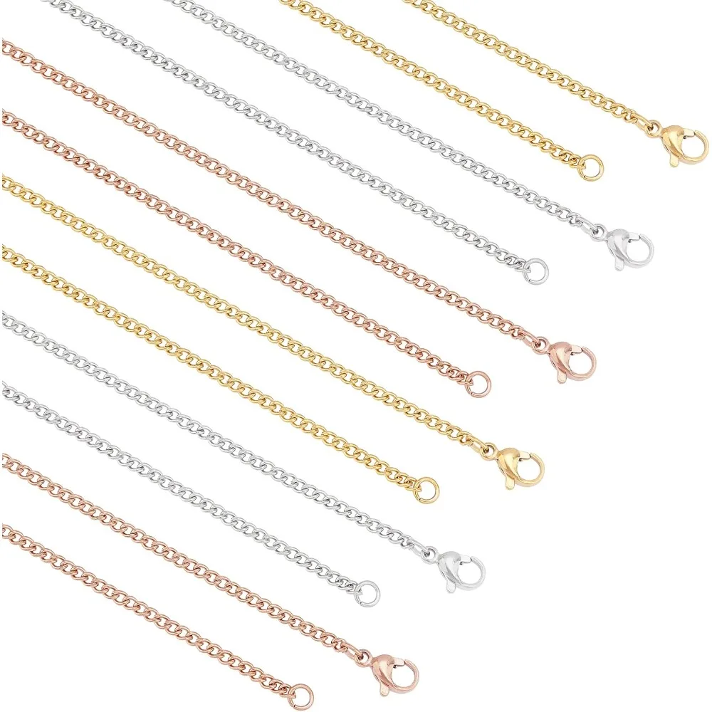 

6pcs 19.7 inches 3 Colors Necklace Chain 2mm Stainless Steel Curb Chain with Lobster Clasps Women Men Unisex Metal Chain