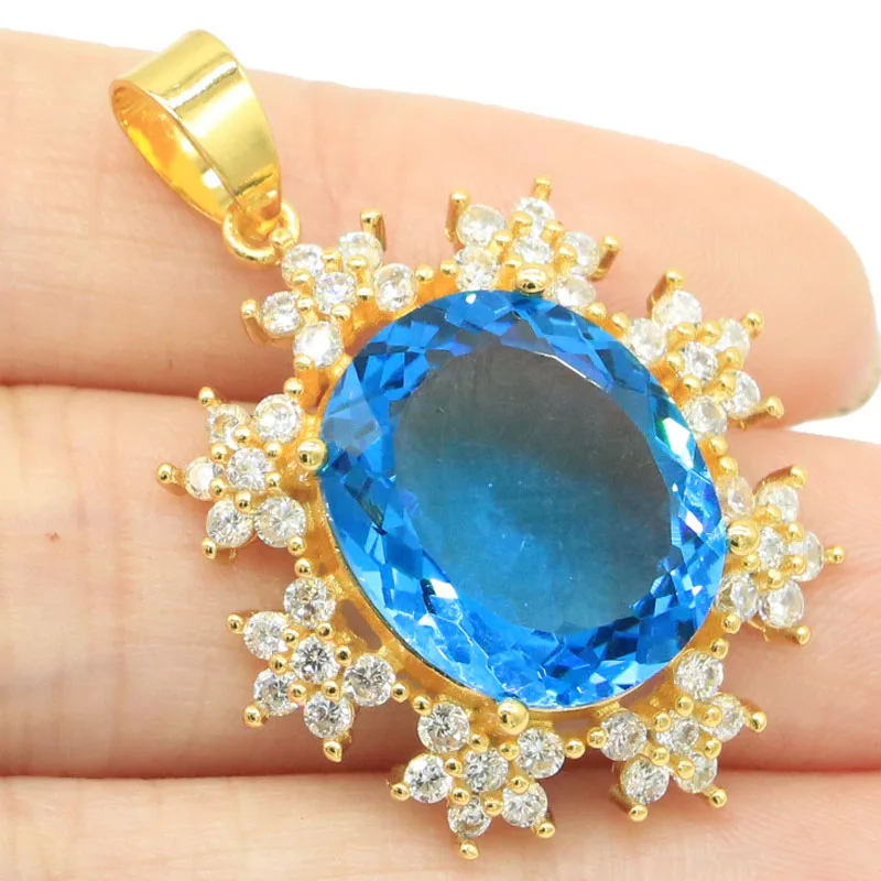 

Купите 4, получите 1 бесплатно, 40x28 мм в форме цветка, лондонский синий топаз, белый CZ, женский золотой, серебряный кулон