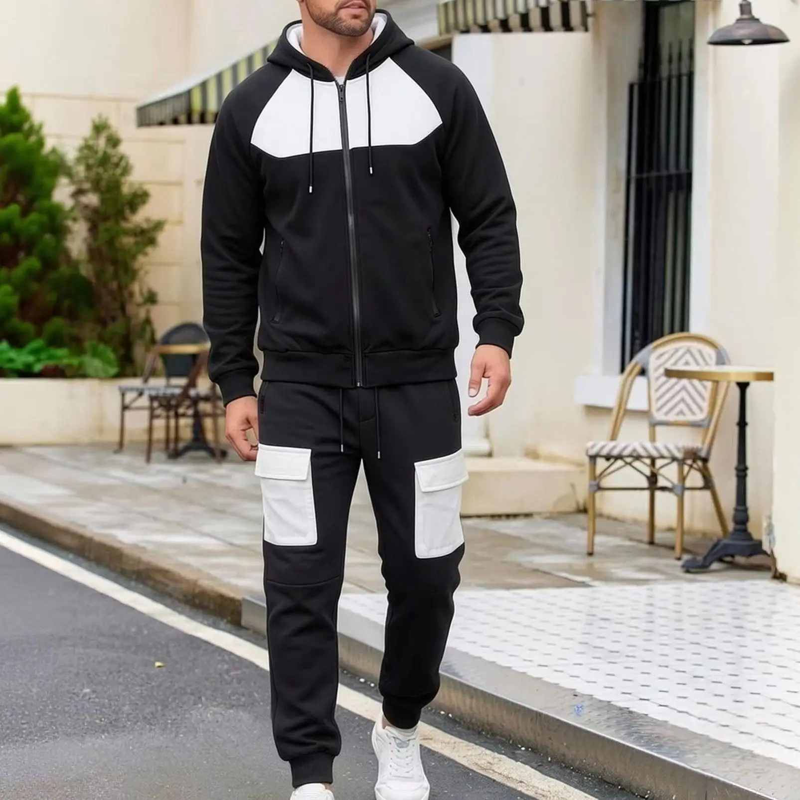 Color Block Men 2 Piece Tracksuit Zip‑Up Hooded Jacket Cargo Jogger Pants Loose Casual Sports Matching Outfit Set