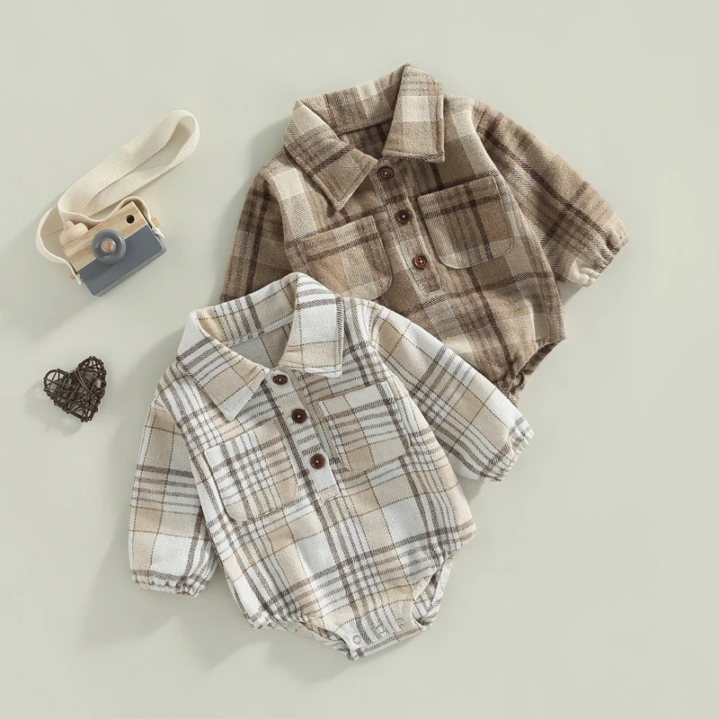 0-18M Newborn Baby Boy Girls Plaid Shirt Romper Long Sleeve Button Down Pocket Flannel Bodysuit Top Fall Winter Playsuit Clothes