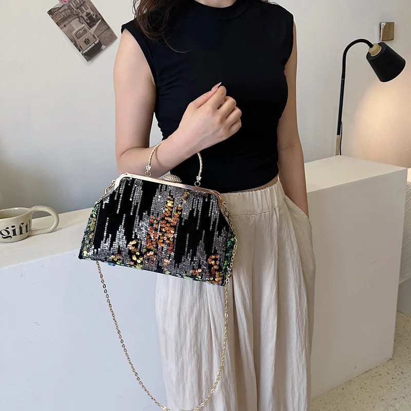 Designer Women Sequin Metal Handbag Chain Shoulder Bag Fashion Lady Party Clip Shell Coin Purse Designer Luxury Evening Clutch