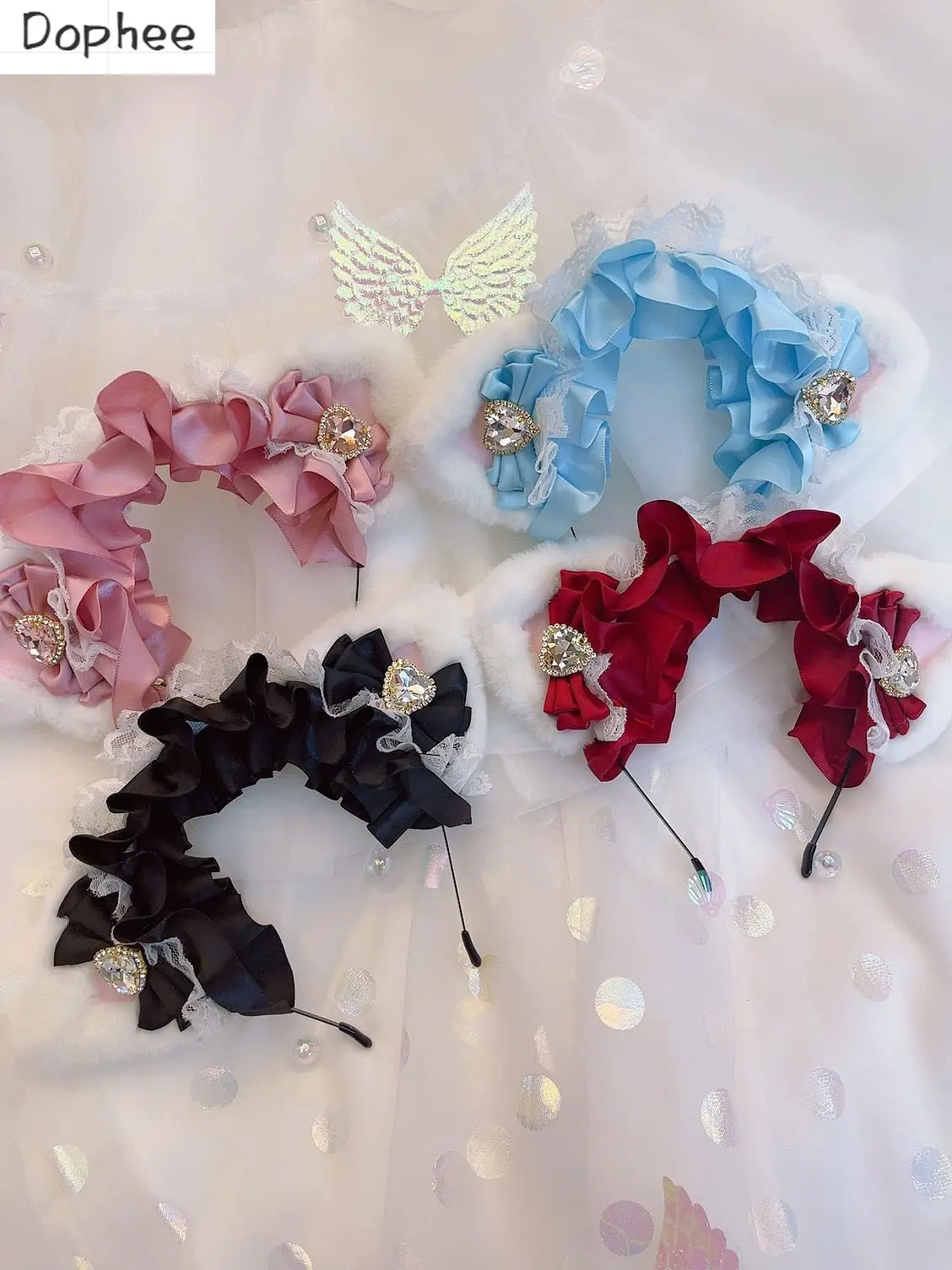 Dophee Handmade Princess Fluffy Cat Ears Shiny Rhinestone Heart Ruffles Lace Headband Cute Lolita Headwear Hair Accessories