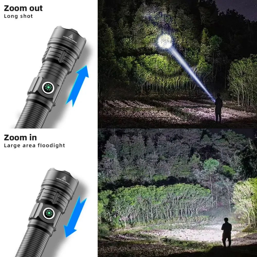 OutdoorWhiteLaserStrong Light Portable Flashlight with Telescopic Zoom Type-C Charging Tactical Aluminum Alloy Search Flashlight