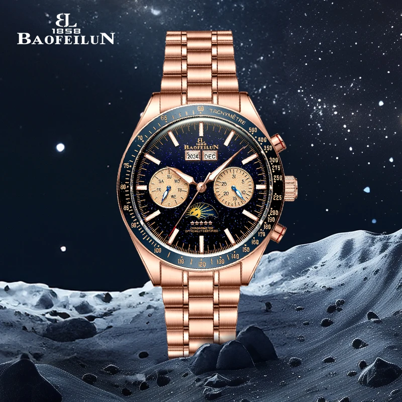 

BAOFEILUN Мужские автоматические часы с фазой Луны - 42 мм, циферблат «Звездная ночь», золотой роскошный люминовый сапфировое стекло, 5 АТМ, полный календарь