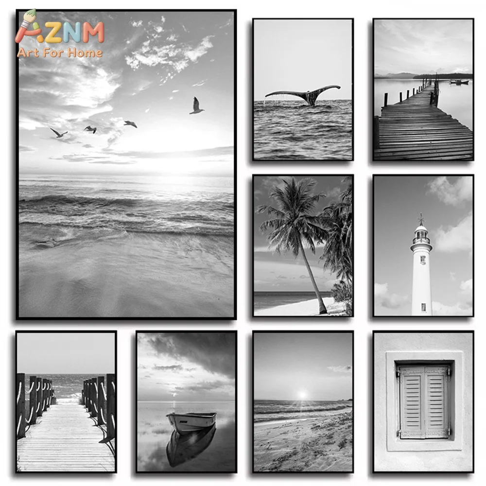 AZNM Unframed Canvas Print Black and White Coastal Beach Wall Art Lighthouse Ocean Seaside Home Decor Poster