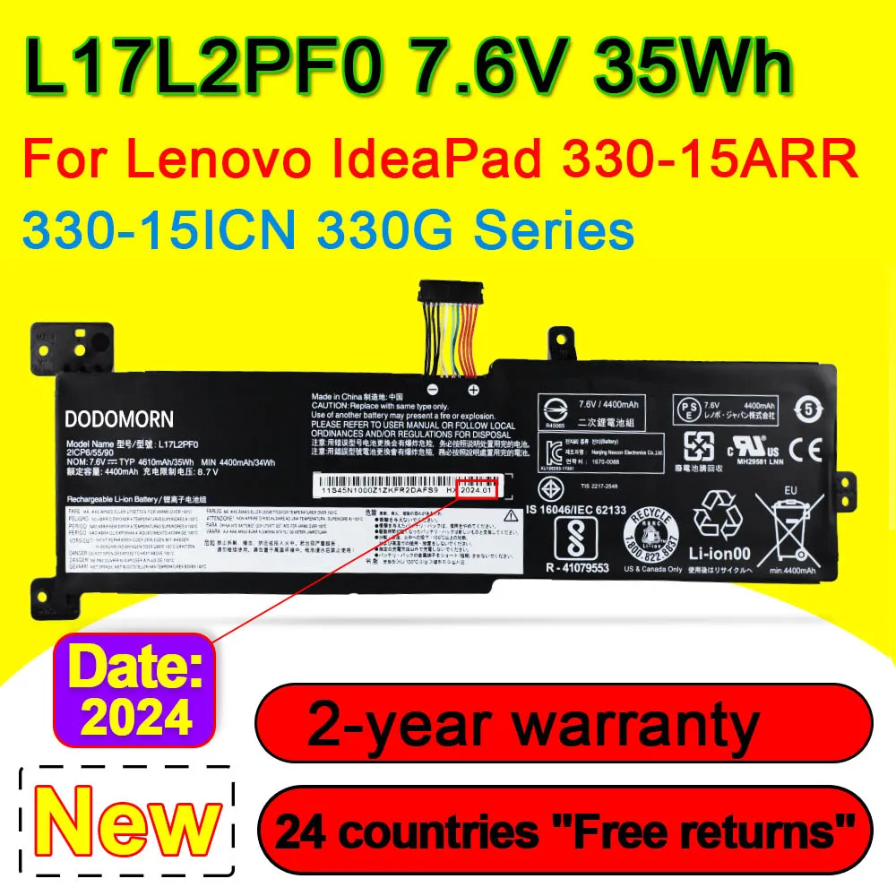 

Аккумулятор L17L2PF0 для ноутбука Lenovo IdeaPad 330-15ARR 330-15ICN 330G, батареи L17M2PF0 L17M2PF1 L17M2PF2 5B10Q62138 7,6 в 35 Втч