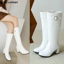 Women's Knee High Boots Autumn Winter Shoes Black White Mid Heels Buckle Long Booties Thigh High Boot Ladies Shoes Size 33-43