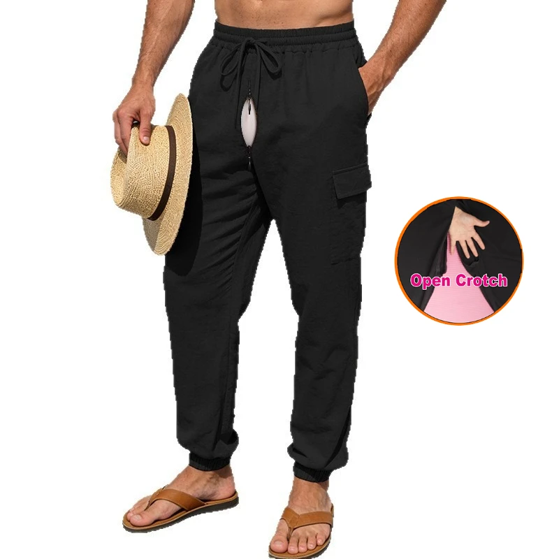 

Men's Open Crotch Straight Trousers Spring and Summer Men's Linen Multi-pocket Tooling Outdoor Loose Breathable Sports Casual