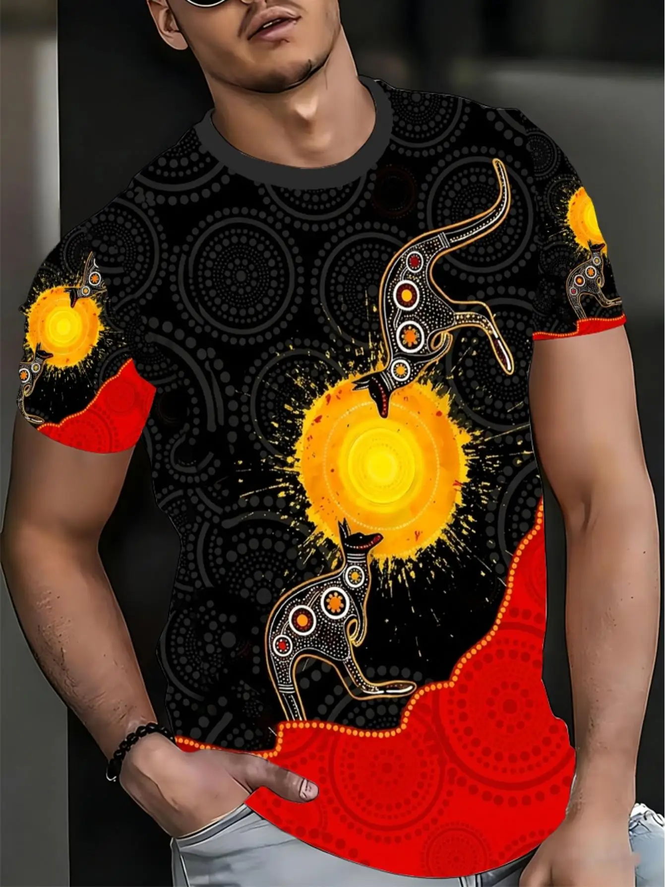 Men's Aboriginal Kangaroo Sun Dot Print T Shirt Australian Tribal Ethnic Pattern Short Sleeve Casual Top