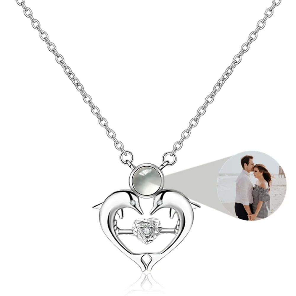 カスタム写真投影フォトネックレス 女性用 イルカハートペンダントネックレス パーソナライズされた誕生日プレゼント メモリアルジュエリー